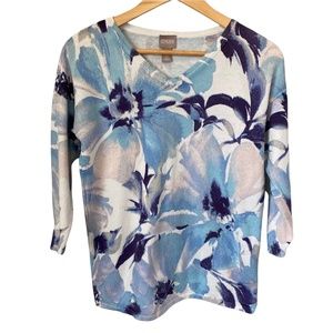Chico's V-Neck 3/4 Sleeve Floral Knit Top